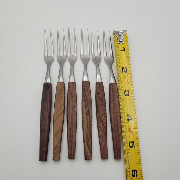 Vintage MCM Stainless Steel Wood Handle Appetizer Cheese Fondu Forks Set of 6 - Picture 5 of 5